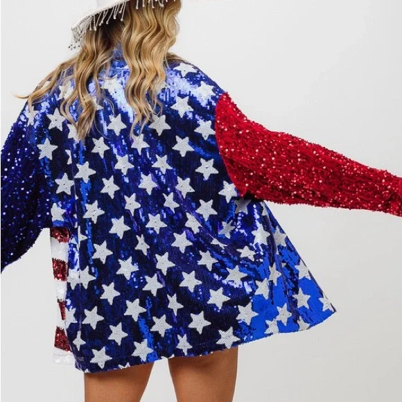 Velvet Sequin Sleeve American Flag Theme Shirt - Picture 3 of 7